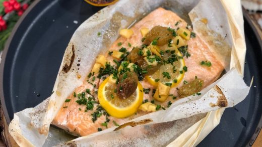Steelhead en papillote with golden raisin and apple compote