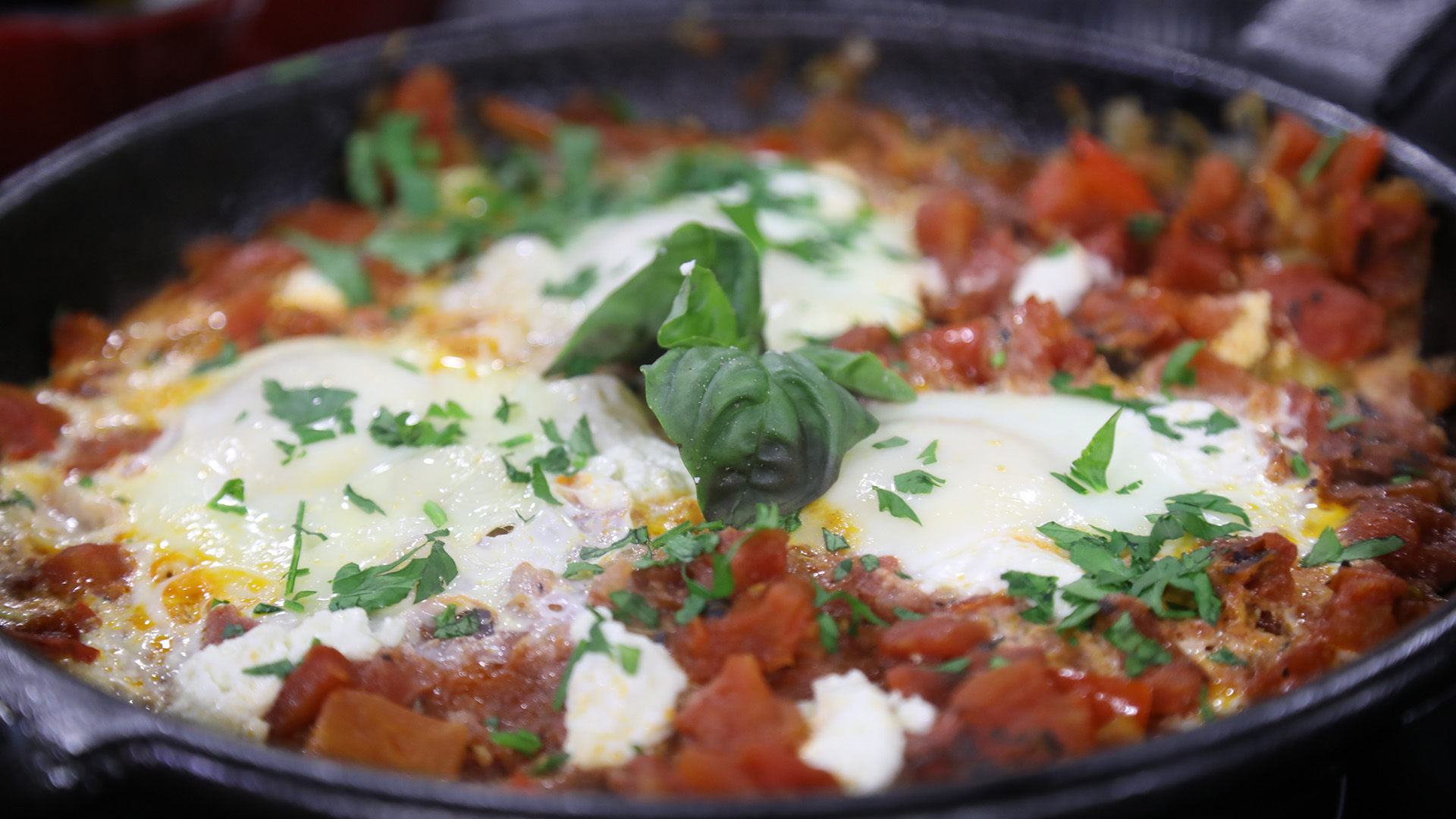 BBQ one-skillet eggs in tomato sauce