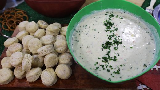 Goat cheese garlic bread bombs with chowder dip