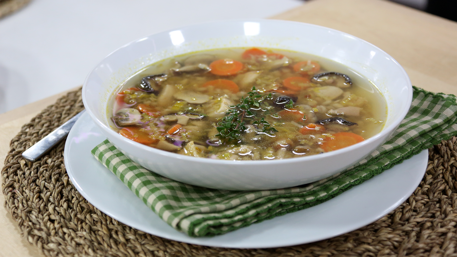 Chicken soup with mushrooms and barley