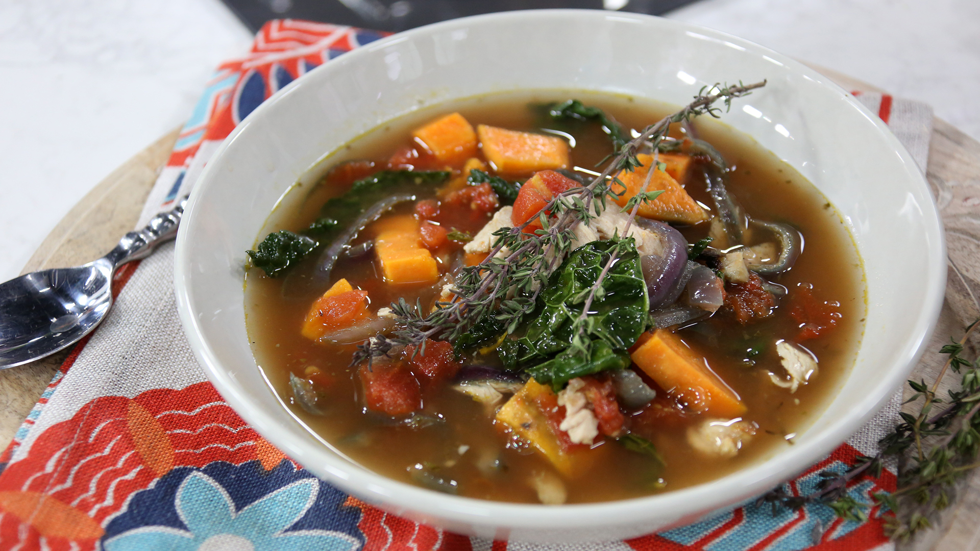 Chicken, kale and sweet potato soup
