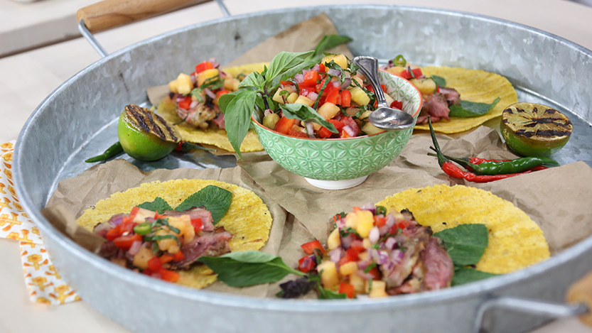Lemongrass grilled lamb tacos with pineapple salsa