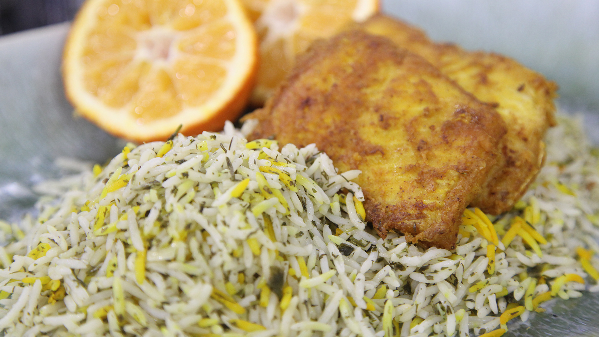Saffron and cinnamon white fish with herbed rice