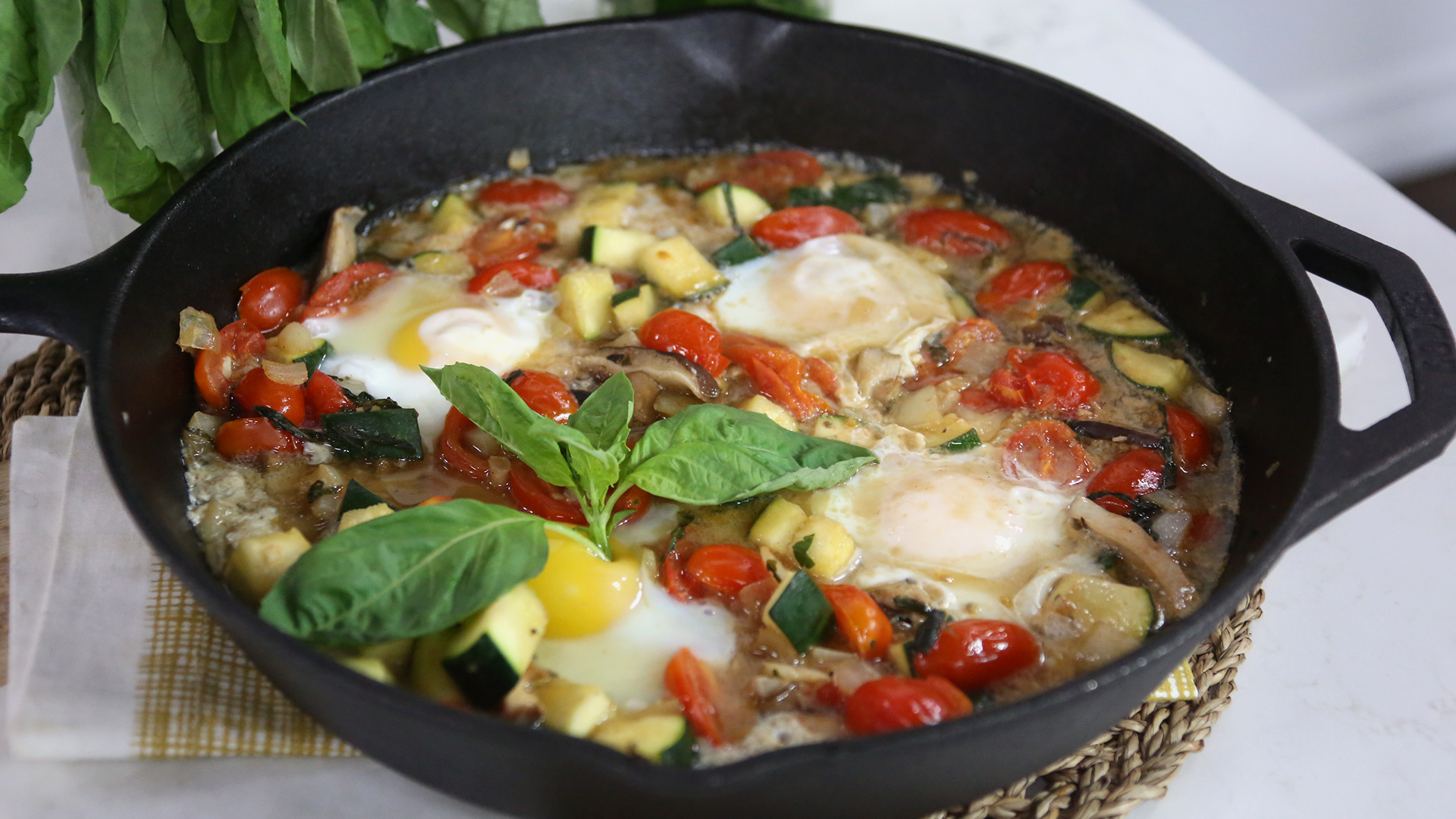 Skillet poached eggs and vegetables
