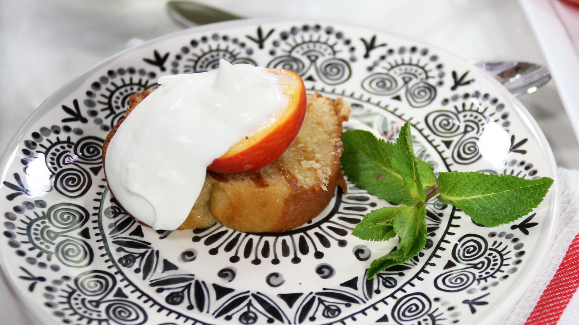 Grilled pound cake and peaches with rosemary syrup