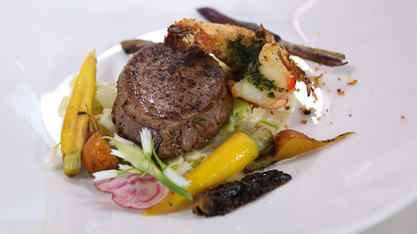 Beef tenderloin and buttered prawn with buttered leeks and mustard