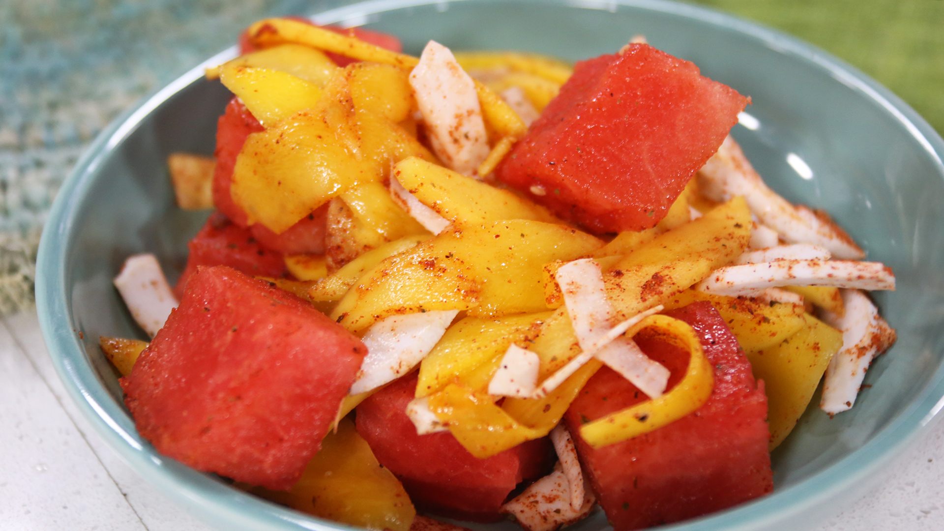 Mexican watermelon, mango, and coconut fruit salad