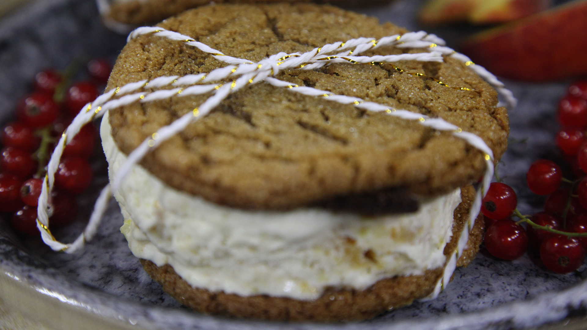 Gingersnap, peach and ginger ice cream sandwiches