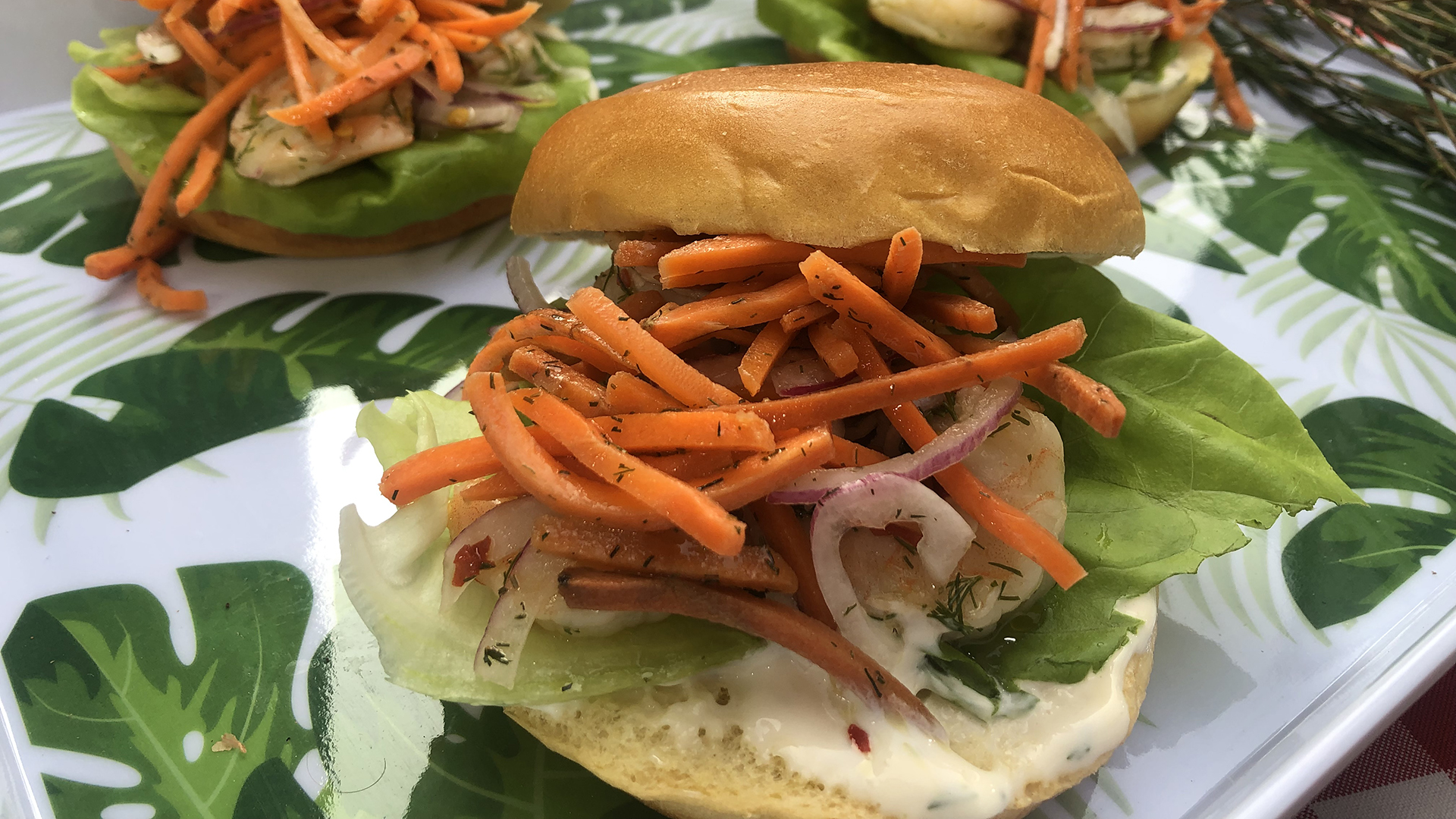 Pickled shrimp and carrot slaw sandwich