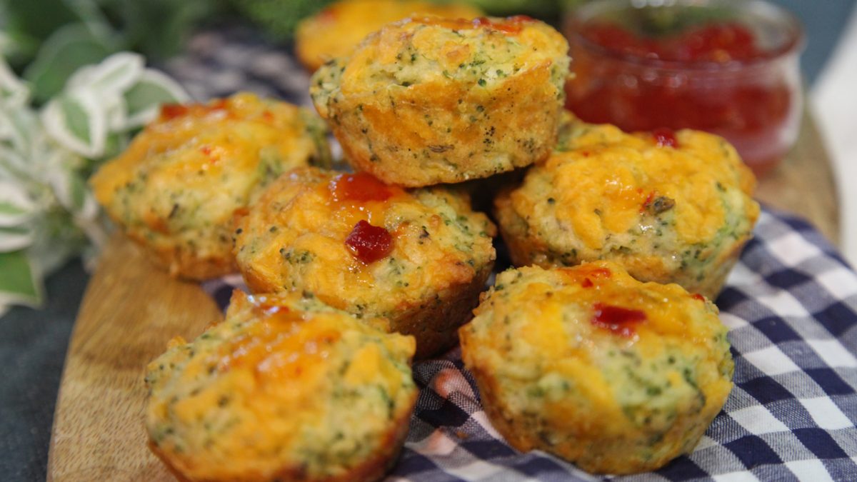 Broccoli and cheese muffins with red pepper jelly