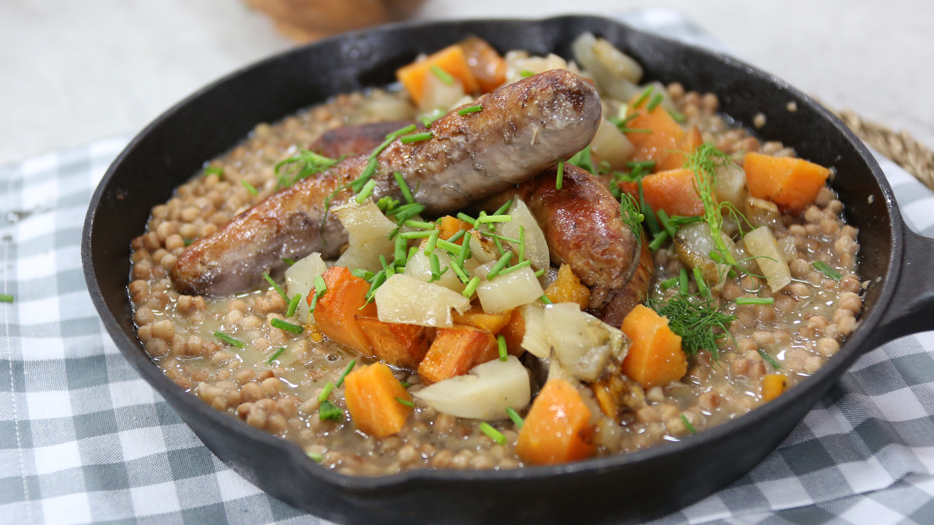 Cider Roasted Sausages With Pumpkin Spice Israeli Couscous And Sweet Potato