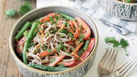 Crunchy and creamy soba noodle salad with almond dressing