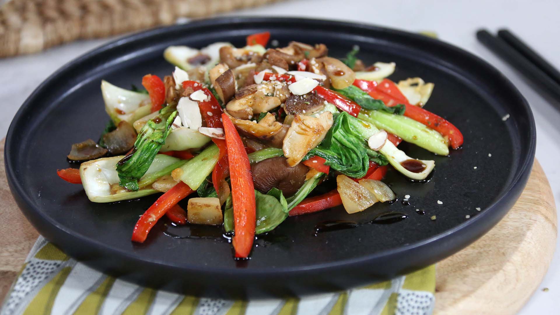 Bok choy stirfry with garlic, mushrooms, onion, ginger