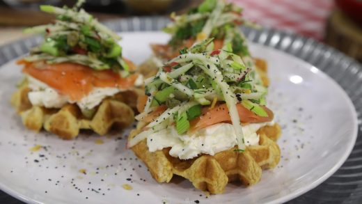 Everything waffles with cream cheese, smoked salmon and apple salad