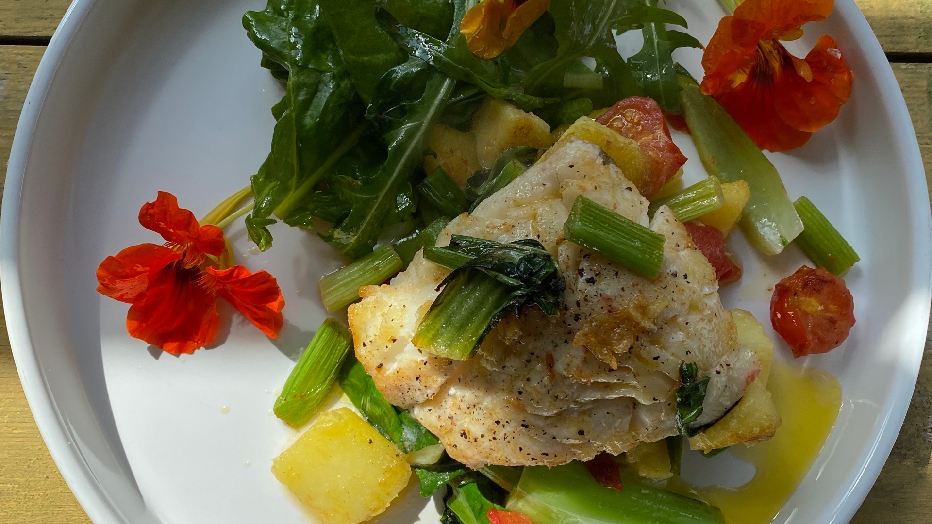 Summer pan seared cod and vegetables
