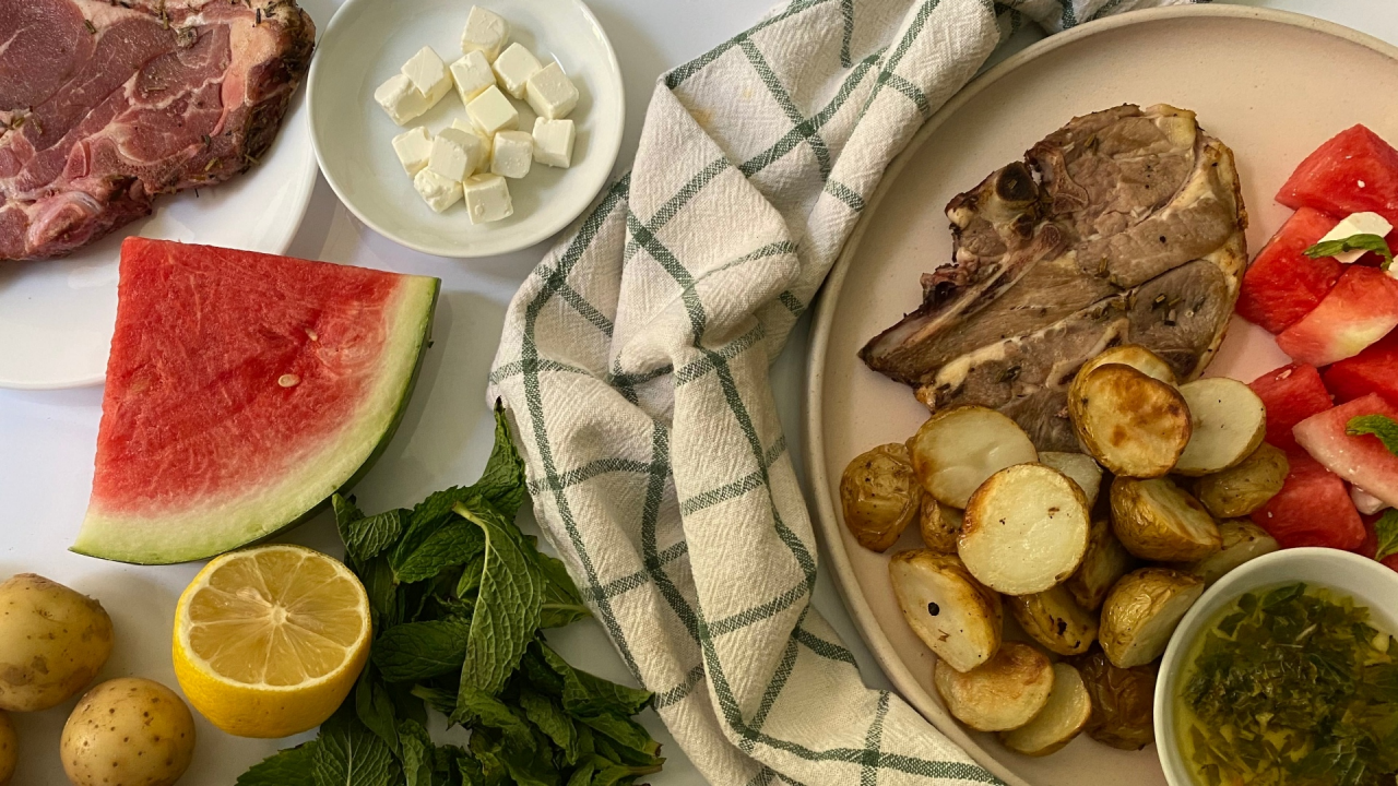 Greek grilled lamb and watermelon feta salad