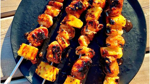 Grilled shrimp, sausage and pineapple skewers with a zesty lime glaze