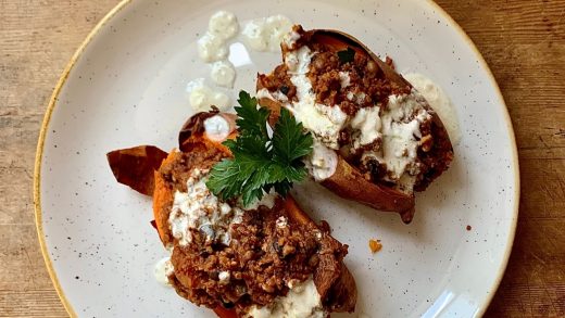 Herb baked sweet potato with mushroom and lentil chili
