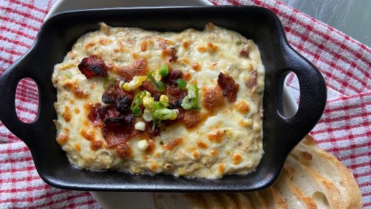 Cheesy summer corn dip with bacon and jalapenos
