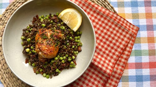 Roasted Chicken Thighs with Puy Lentils, Bacon and Peas