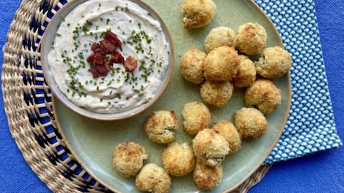 Crispy Cheese Ball Bites with Maple Bacon Dip