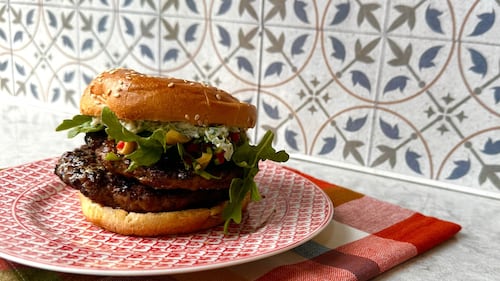 Lamb Smash Burger with Tzatziki, Olive Salsa and Arugula