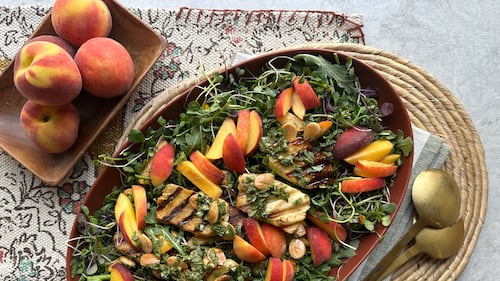 Halloumi and Summer Peaches with Marcona Almond and White Balsamic Vinaigrette