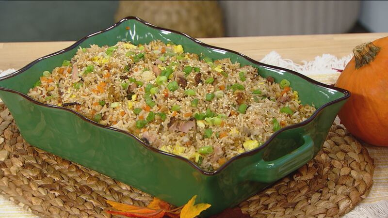 A deep dish with Leftover Turkey & Stuffing Fried Rice.