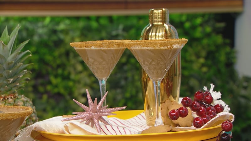 A light brown liquid in a crystal martini glass with curved engravements on it. The rim of the martini glass has bits of crushed ginger snaps - also light brown in colour.