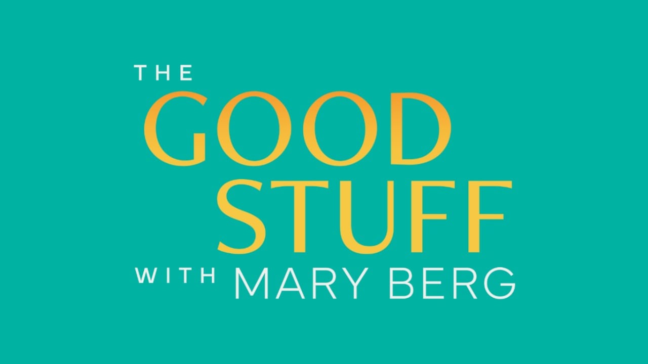 Logo for 'The Good Stuff with Mary Berg,' featuring the title in orange and white text on a teal background