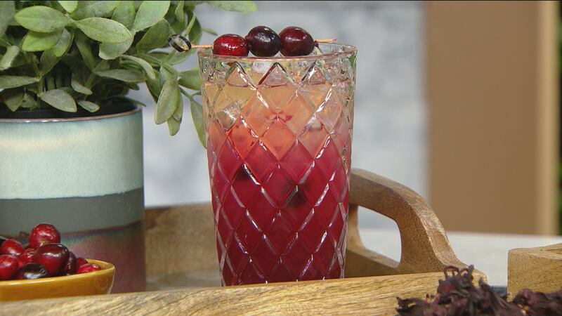 A cocktail glass with the Cranberry Sorrel Spritz and cranberry garnish.