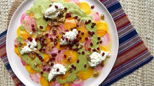 Beet Carpaccio with Stracciatella & Basil Dressing