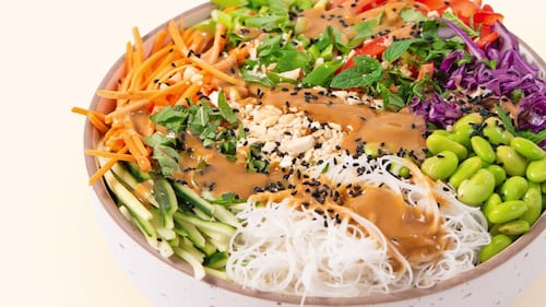 Herb & Almond Spring Roll Bowl with Angry Almond Dressing