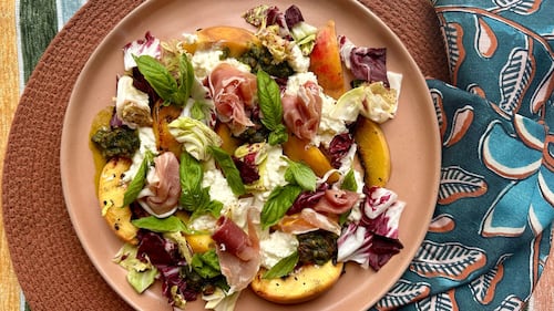 Grilled Peach Salad with a Pistachio Pesto